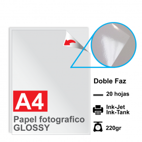 Papel A4 Foto Glossy DOBLE FAZ, 220g por 20 hojas
