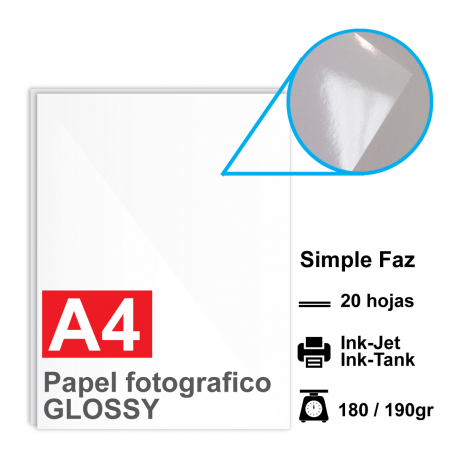 Papel A4 Foto Glossy, 180/190g por 20 hojas