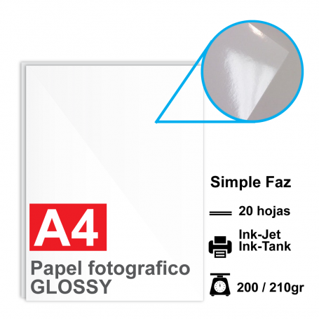 Papel A4 Foto Glossy, 200/210/230g por 20 hojas