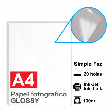 Papel A4 Foto Glossy, 130g/150g por 20 hojas
