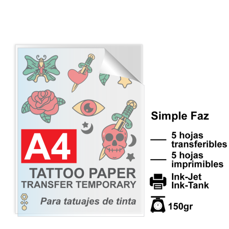 Papel A4 TRANSFER Tattoo Temporary, 150g por 5 hojas
